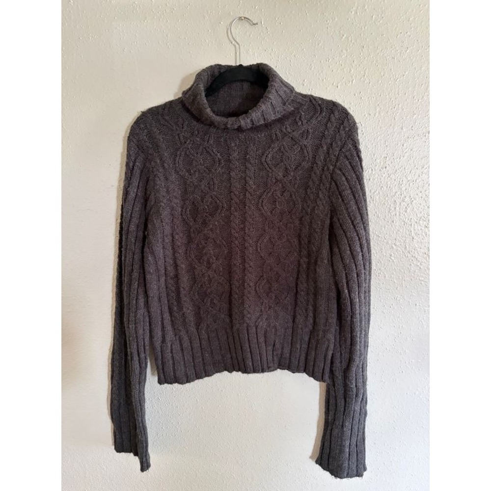 Vintage Route 66 Turtleneck Wool Blend Sweater Cable Knit Chunky Ribbed Gray XL